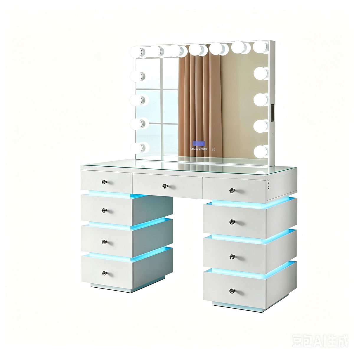 Gloss white vanity desk with wall mirror, round bulbs, and blue LED drawer accents
