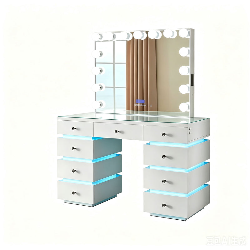 Gloss white vanity desk with wall mirror, round bulbs, and blue LED drawer accents