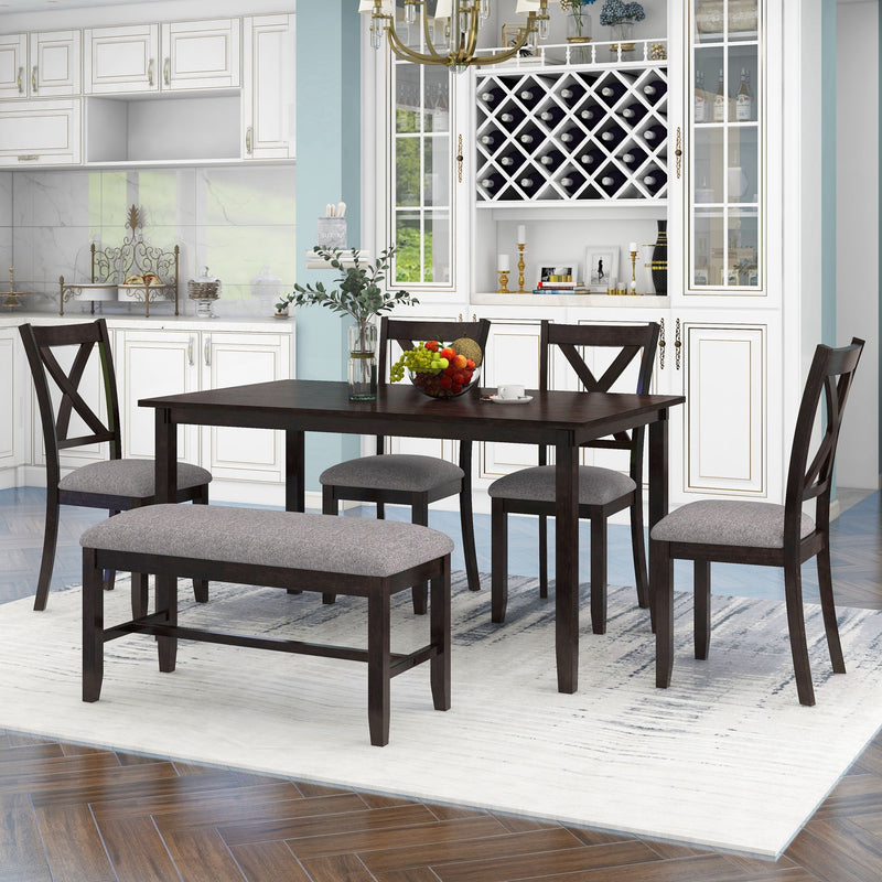 6 Piece Rectangular Dining Table Set With 4 Chairs And Bench