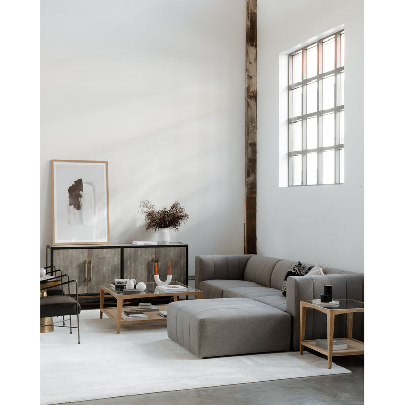 Natural wood coffee table with glass top and open lower shelf