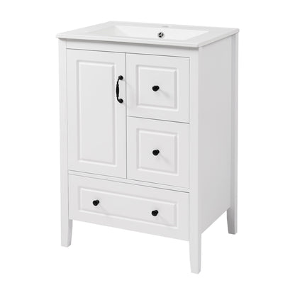 White retro bathroom vanity with white sink top; two doors and two drawers
