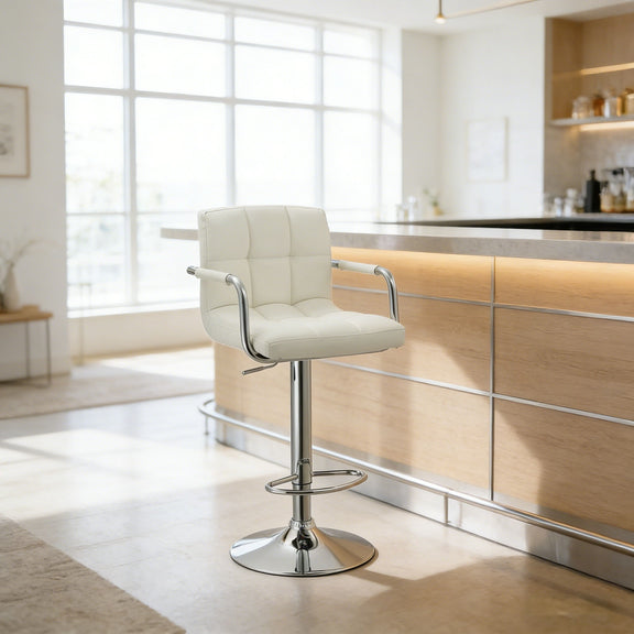 White upholstered bar stool with armrests, padded backrest, and chrome pedestal base