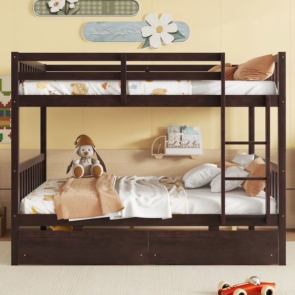 Espresso full-size bunk bed with guardrails and ladder