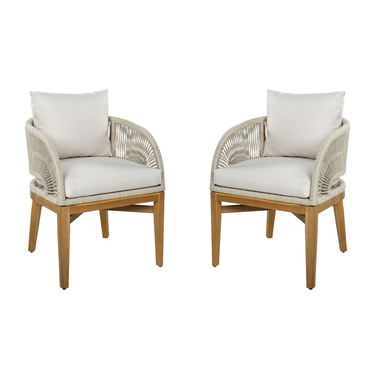 Outdoor dining chair set of 2 with light brown frame, beige woven arms, white cushions