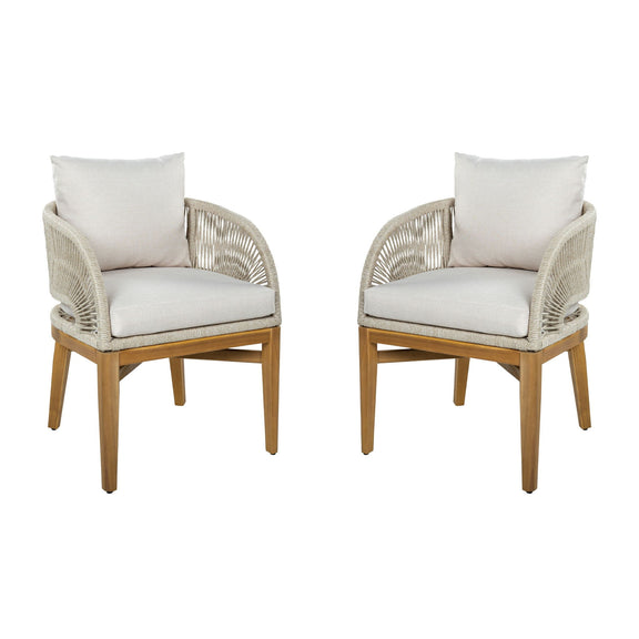 Outdoor dining chair set of 2 with light brown frame, beige woven arms, white cushions