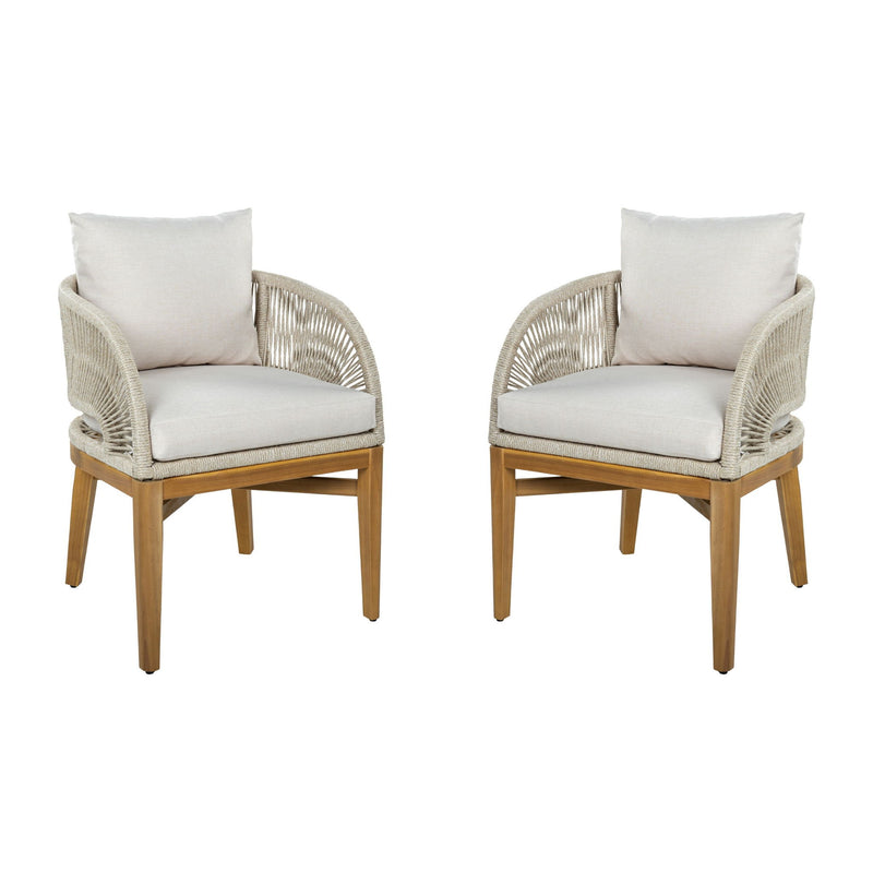 Outdoor dining chair set of 2 with light brown frame, beige woven arms, white cushions