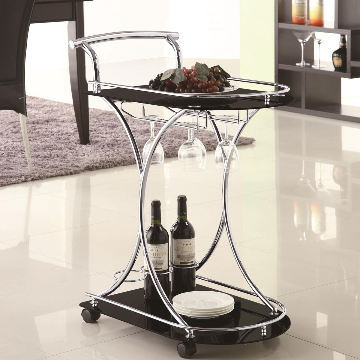 Elfman 2-tier Glass Shelf Metal Bar Cart Black and Chrome