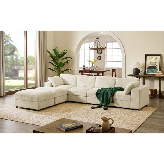 Reversible modular sectional sofa in light beige with chaise, modular ottoman seating