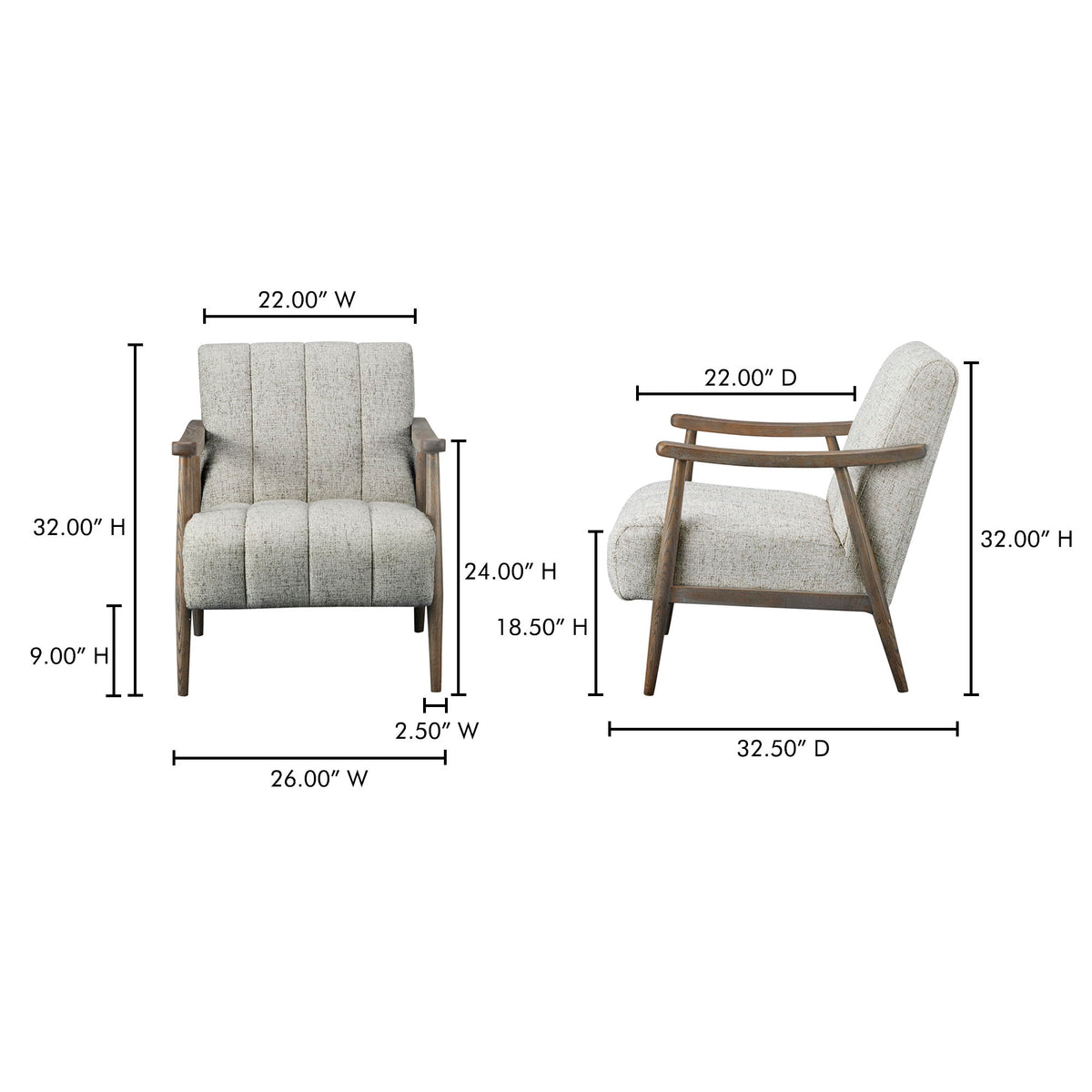 Beige upholstered accent chair with measurements shown: 32.5D x 26W x 32H