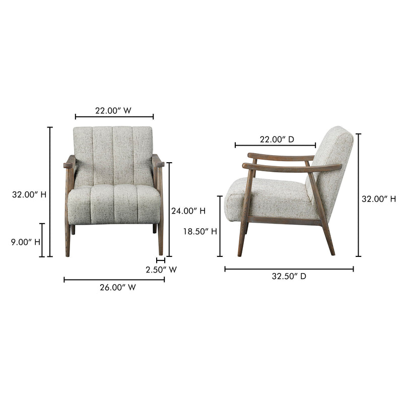Beige upholstered accent chair with measurements shown: 32.5D x 26W x 32H