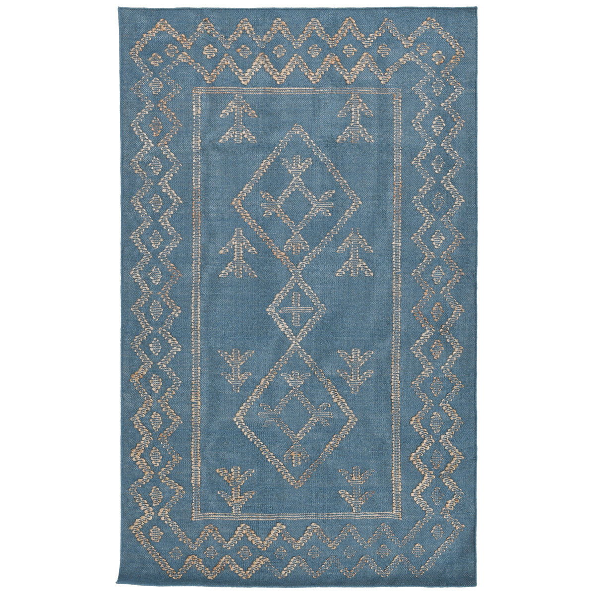 Blue rug with gold outlined center medallion and diamond lattice border