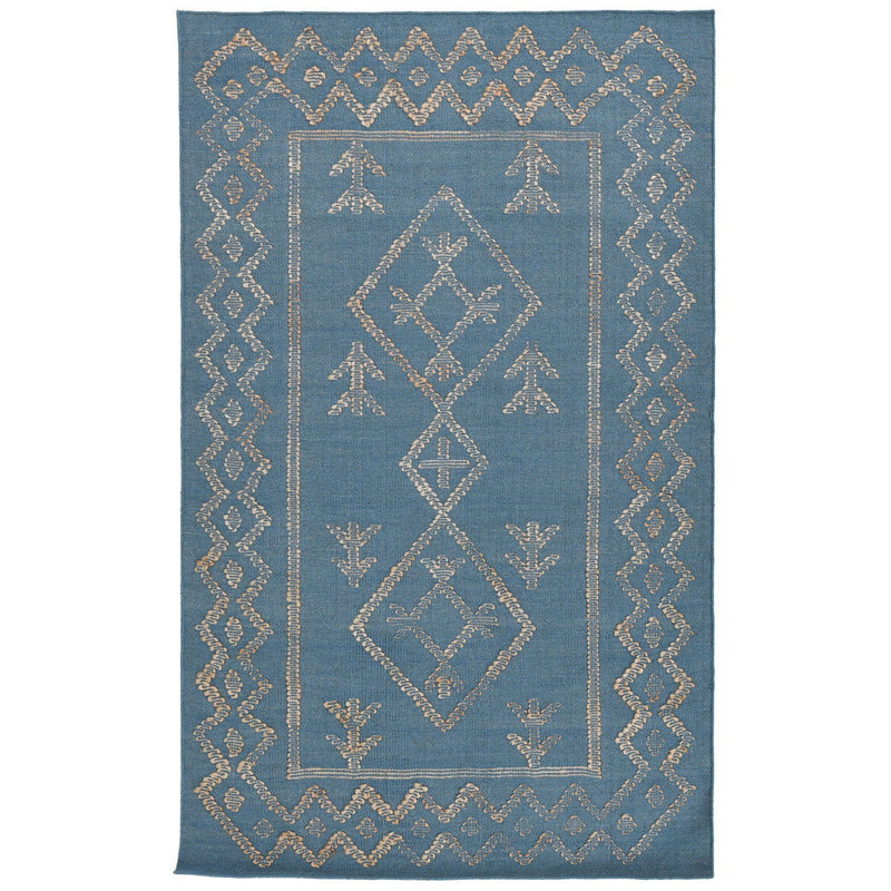 Blue rug with gold outlined center medallion and diamond lattice border
