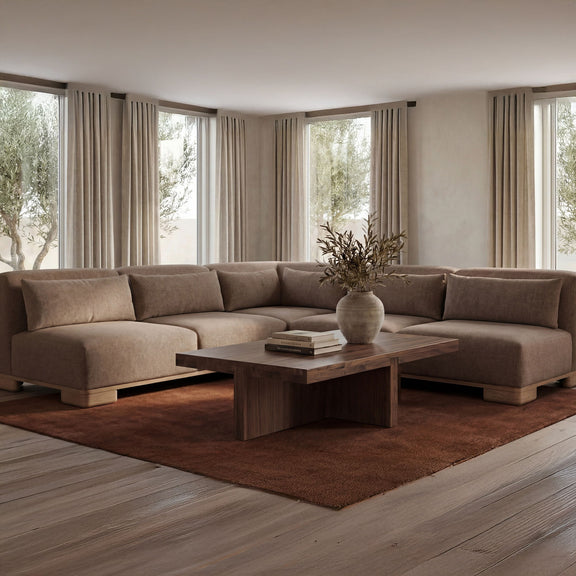 Dark brown fabric modular sectional with corner chaise and segmented back cushions