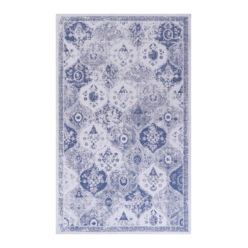 Blue and white ornate square area rug with repeating circular medallion motifs