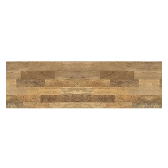Rectangular wood top of TV media stand with layered light brown panels