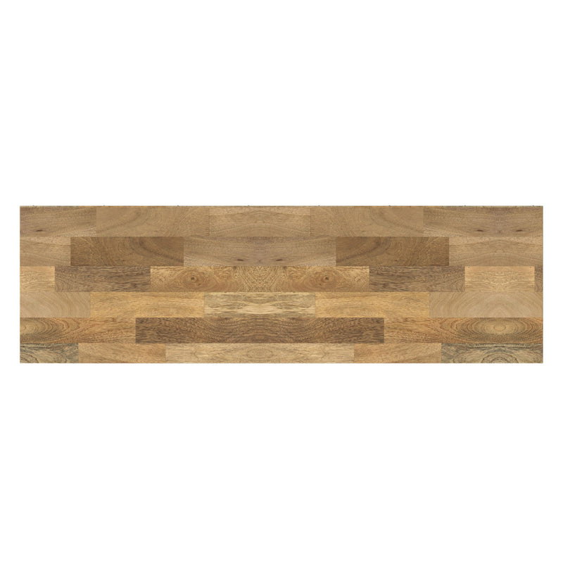 Rectangular wood top of TV media stand with layered light brown panels