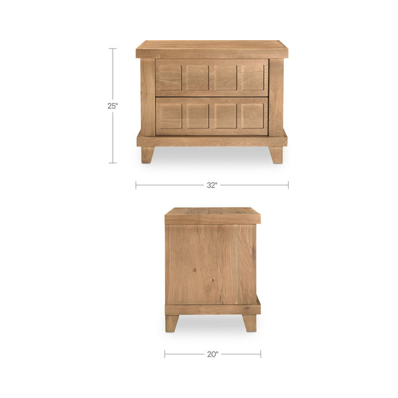 Natural oak nightstand with two stacked drawers and four-panel fronts, tapered legs