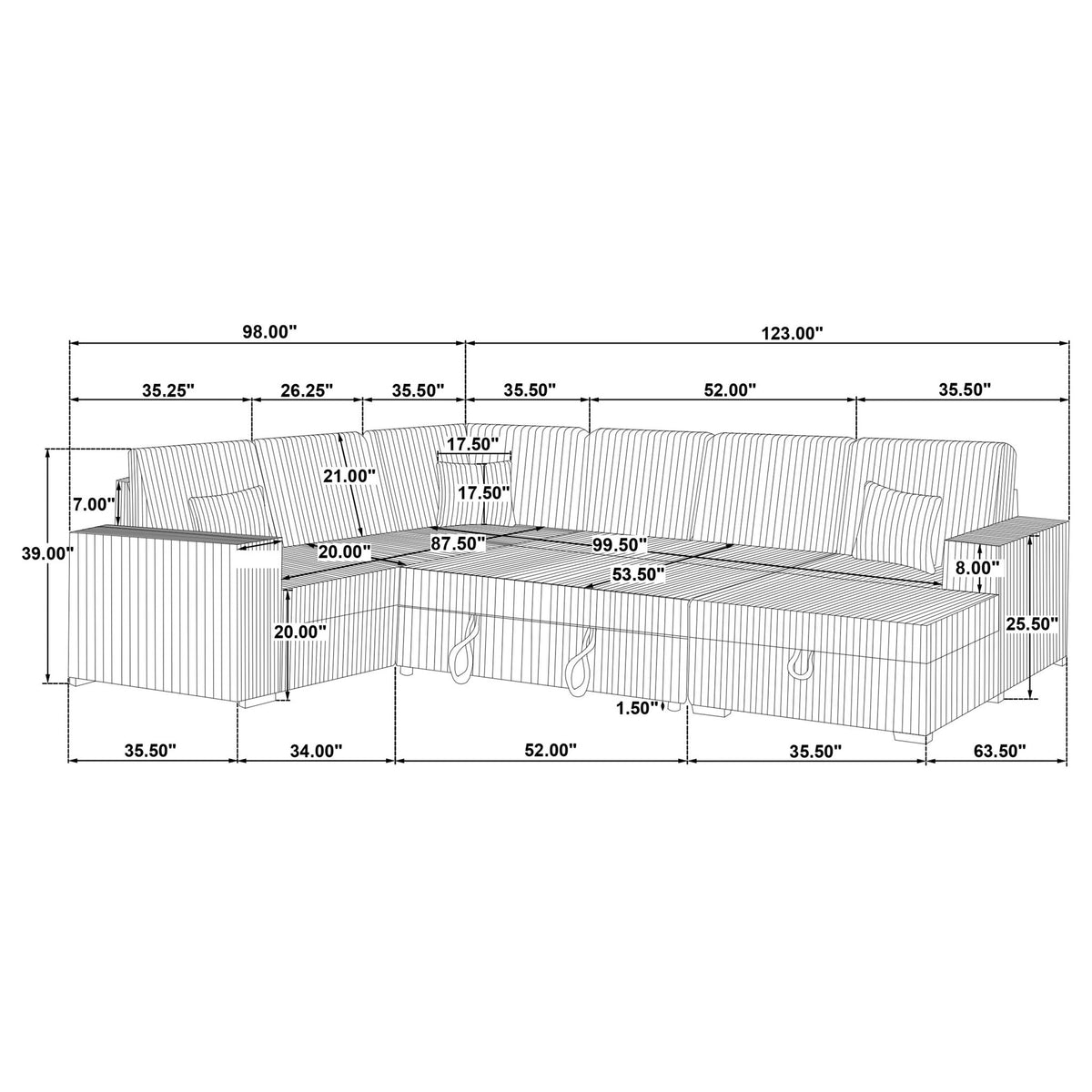 Light gray sectional sofa layout diagram with pop-up bed dimensions and measurements