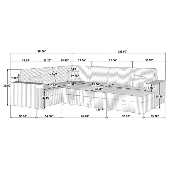 Light gray sectional sofa layout diagram with pop-up bed dimensions and measurements