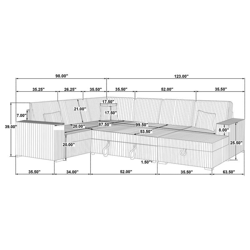 Light gray sectional sofa layout diagram with pop-up bed dimensions and measurements