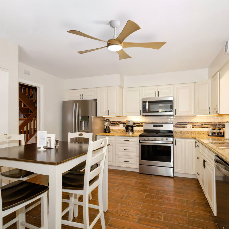Ceiling fan with light-wood blades and white LED light on home ceiling