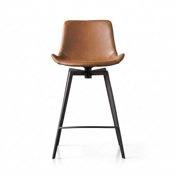 Brown swivel counter stool with rounded backrest, padded seat, and black metal frame