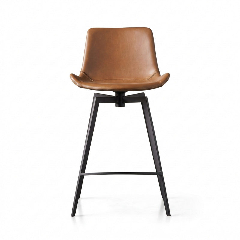 Brown swivel counter stool with rounded backrest, padded seat, and black metal frame