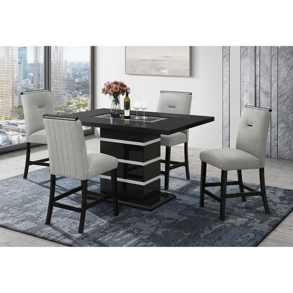 Black bar table with glossy square top, metallic stripe inlay, and pedestal base
