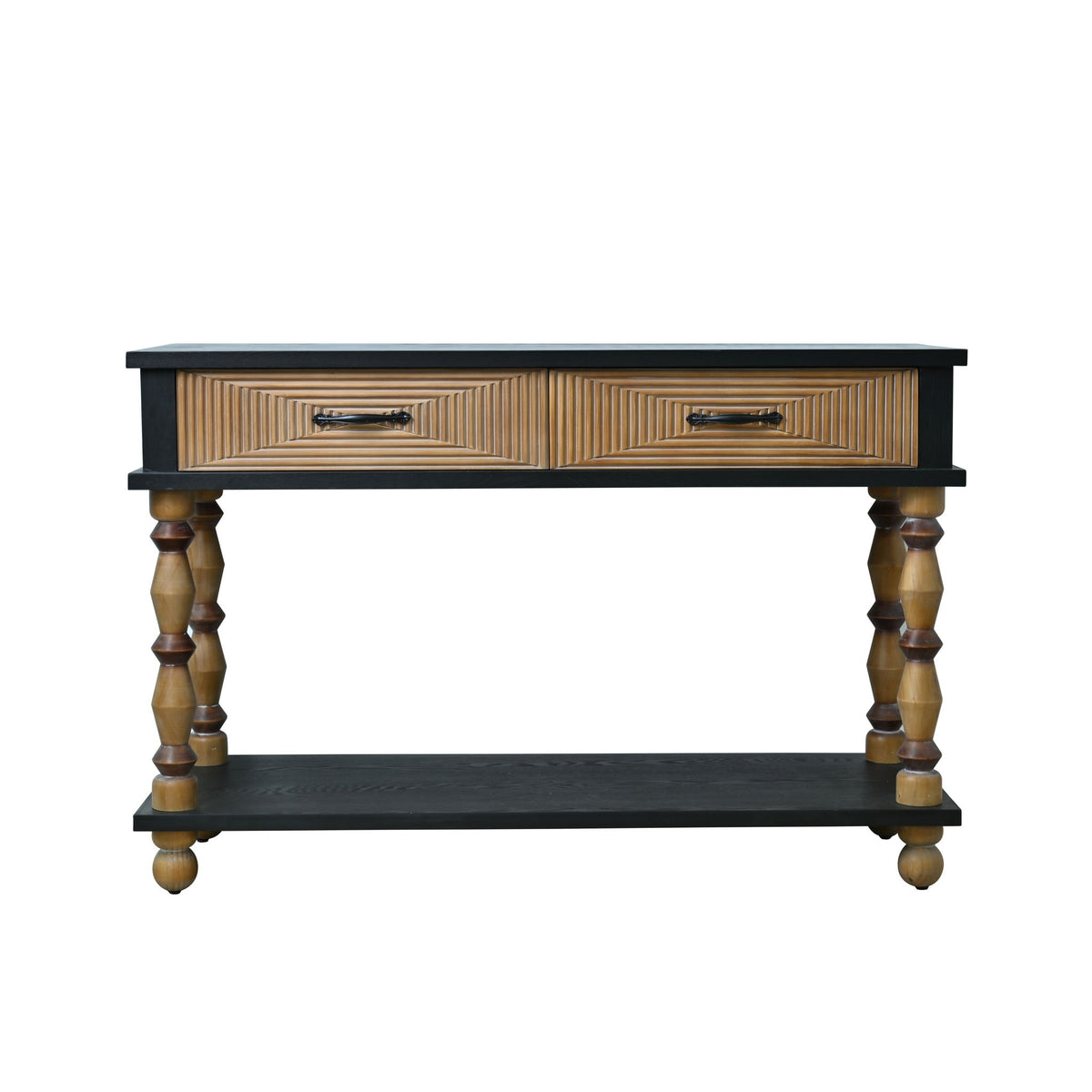 Accent Carved Console Table With Open Shelf And 2 Drawers Living Room - Black / Natural Wood Wash