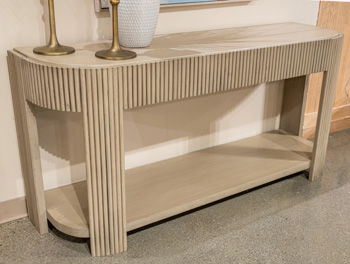 Light brown ribbed console table with open shelf and rectangular tabletop