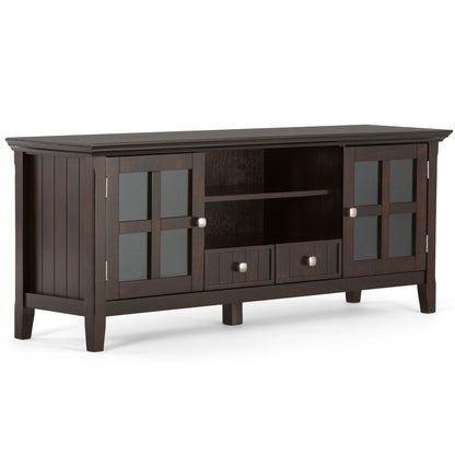 Dark brown TV media stand with glass-front cabinets and two center drawers.