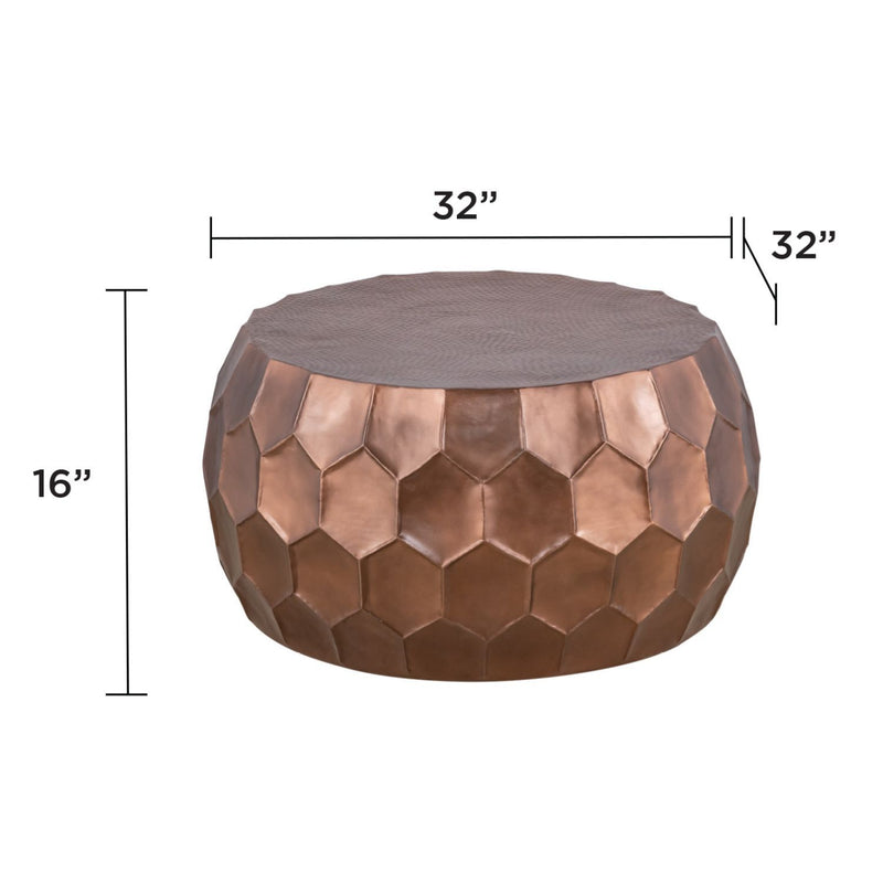 Round bronze coffee table, 32in diameter, dark top and raised hexagon metal sides