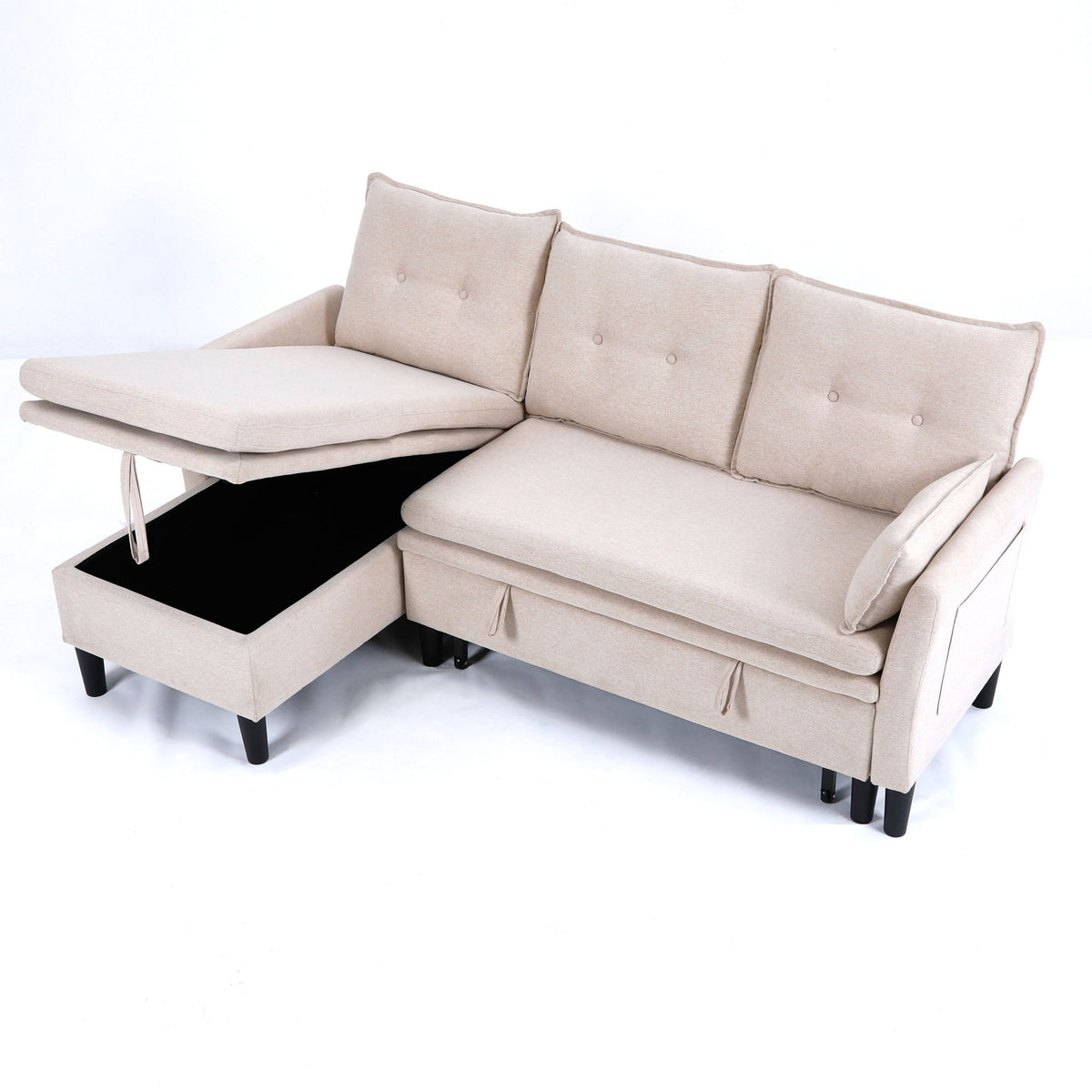 Beige L-shaped sectional sofa with reversible chaise and storage ottoman, tufted back