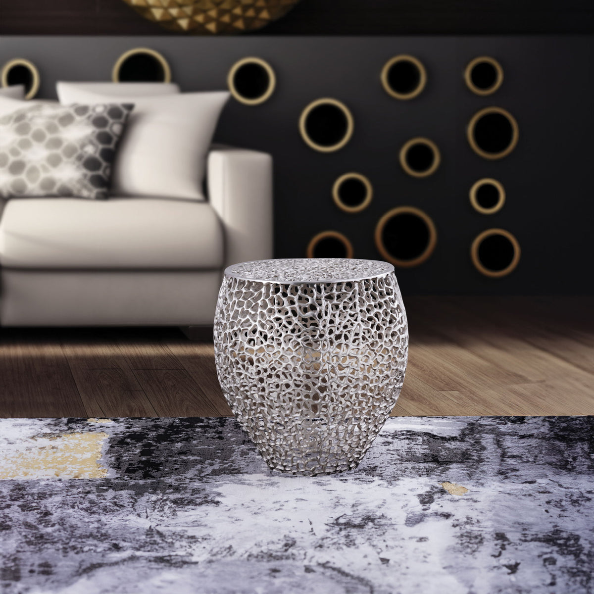 Silver lattice side table with a rounded shape and flat top