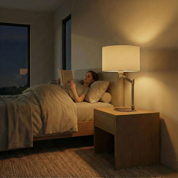 Table lamp with white linen shade and brushed nickel base beside bed