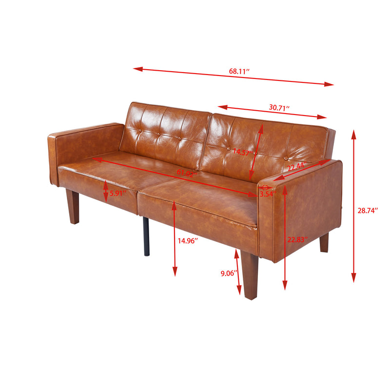 Dark brown split-back sofa bed with red size measurement overlay