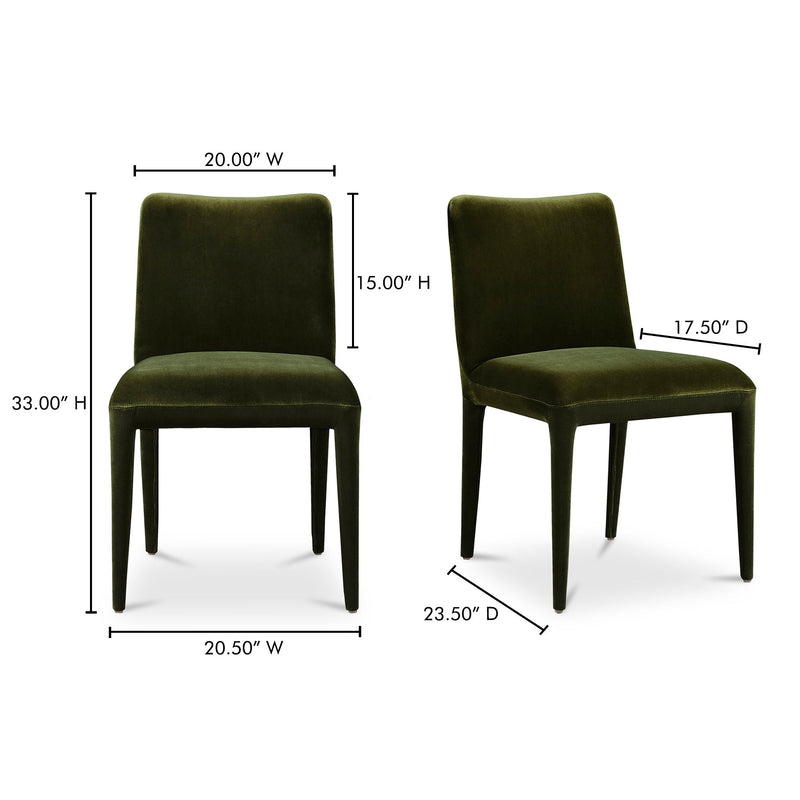 Set of 2 green velvet dining chairs with size measurements, square backs, tapered legs