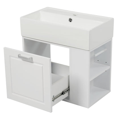 Wall-mounted vanity with white sink, white cabinet, open drawer and interior shelving