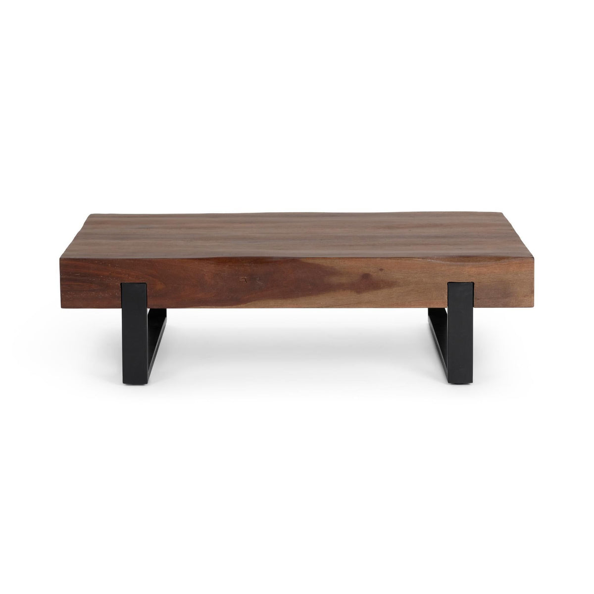 Reclaimed brown wood table with two-tone black metal legs