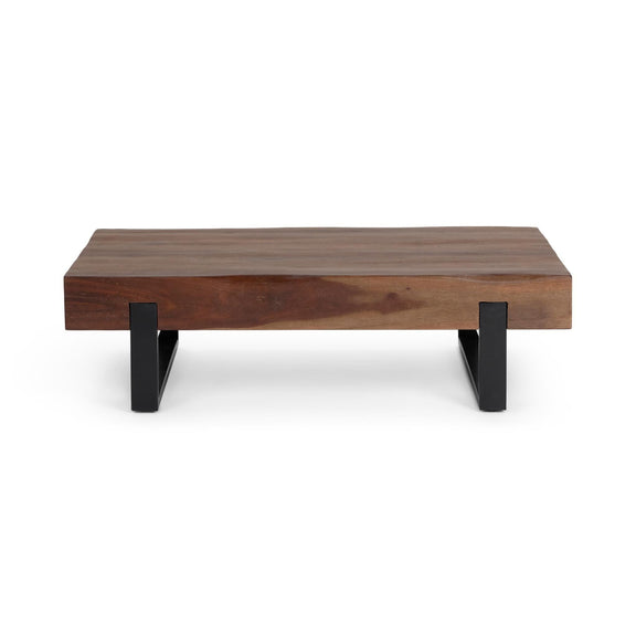 Reclaimed brown wood table with two-tone black metal legs