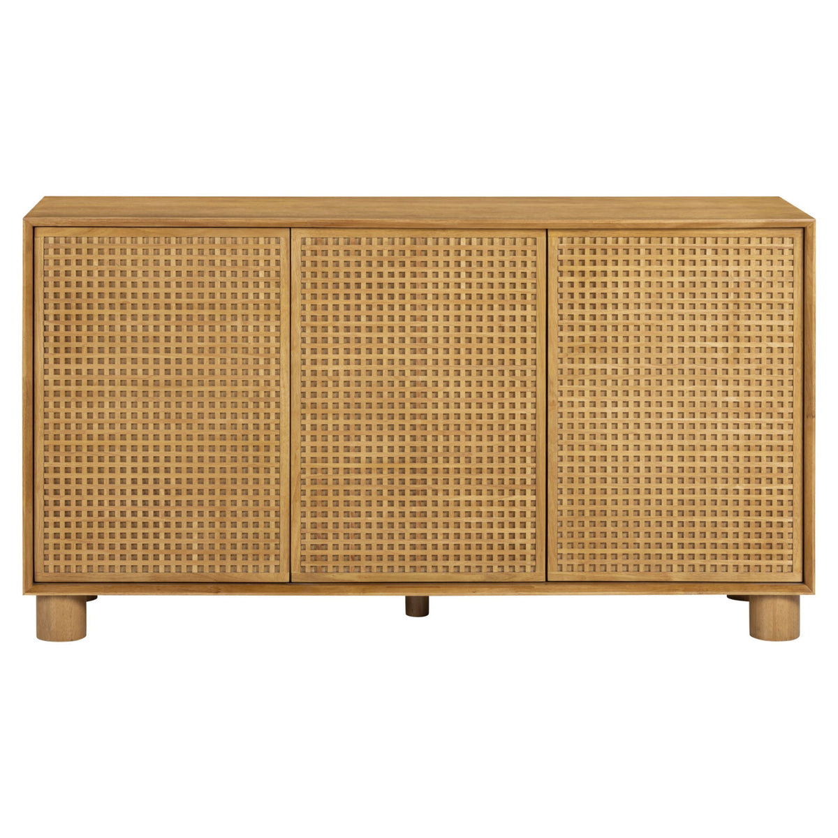Natural 3-door sideboard with woven rattan door panels and wooden legs