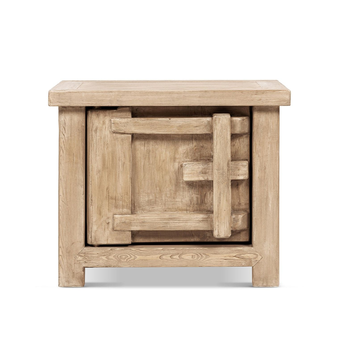 Light brown wooden side table with inset square carved panel and cross-style wood details