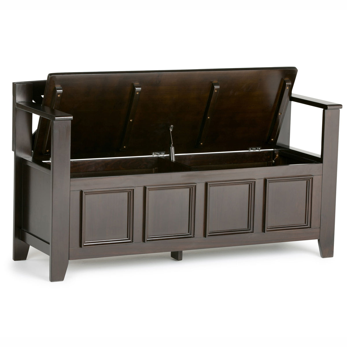 Brown entryway storage bench with flip-open top and paneled cabinet front