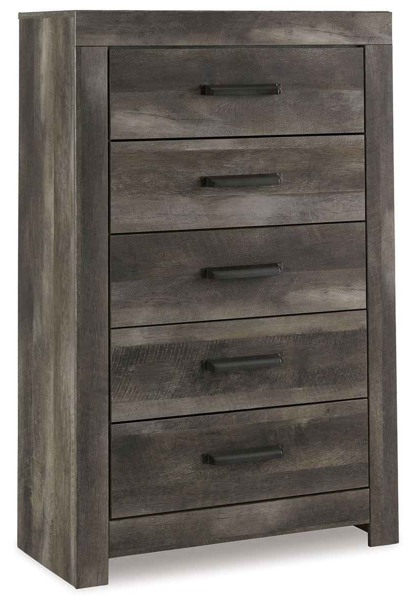 Gray five-drawer chest with black bar pulls and flat panel sides