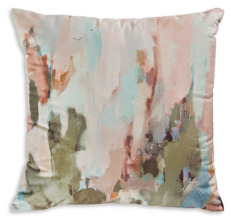 Abstract watercolor decorative pillow with pastel pink, blue, and green brush pattern