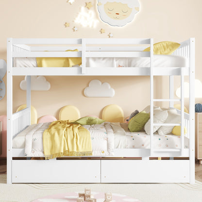Full Over Full Rubber Wood Bunk Bed with 2 Drawers, Convertible into 2 Full Beds, Full Size Bunk Bed with Ladder and Safety Guardrails, White