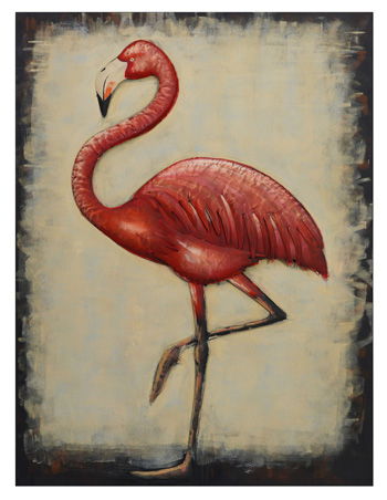 Framed flamingo wall decor with pink-red bird, curved neck, and black legs
