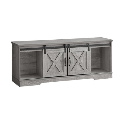 Dark gray TV media console with two X-pattern cabinet doors and open shelves