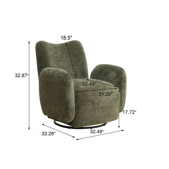 Olive green swivel accent chair with measurements shown on upholstery