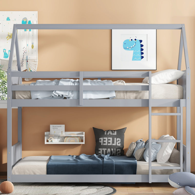 Twin Over Twin House Floor Bunk Bed with Headboards, Footboards and Guardrails, Ladder, Rubber Wood Bunk Bed with Safety Guardrails, Grey